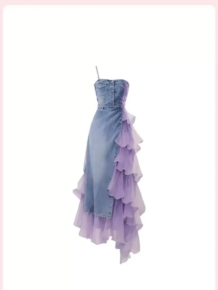 

"Dream Purple Qi" Irregular Purple Multi-layer Patchwork Denim Strap Dress for Women Summer New Style dress