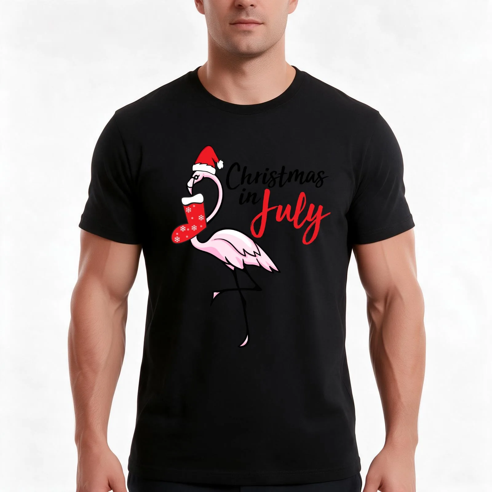 Flamingo Christmas In July | Funny Party X-mas Party Design T-Shirt, Summer Casual Cotton Tee, Oversized Streetwear Tops