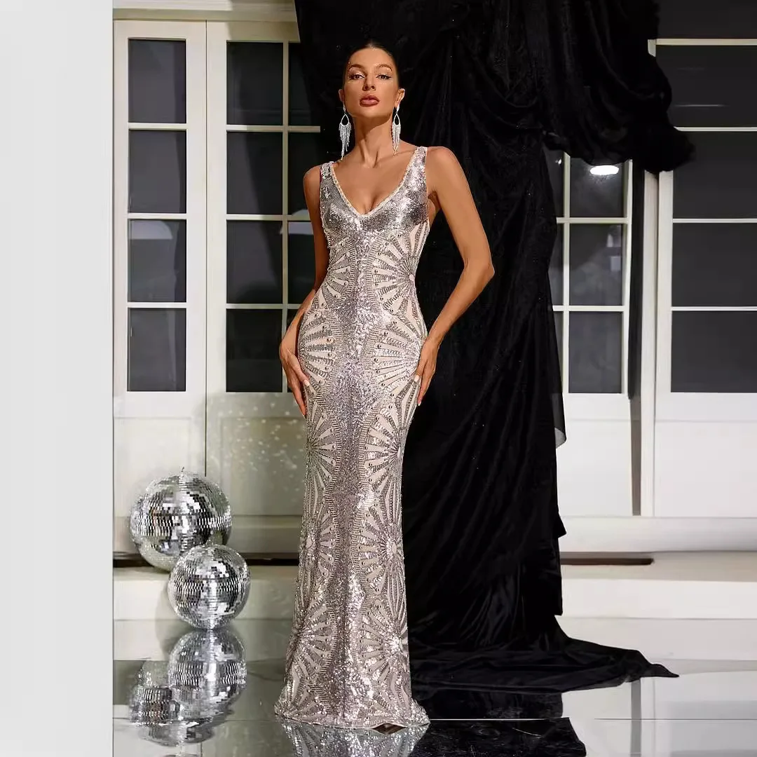 ผู้หญิงชุดราตรียาวกระโปรง High End ปัก Silver Sequins เซ็กซี่ V คองานแต่งงานพรหม Elegant Dress