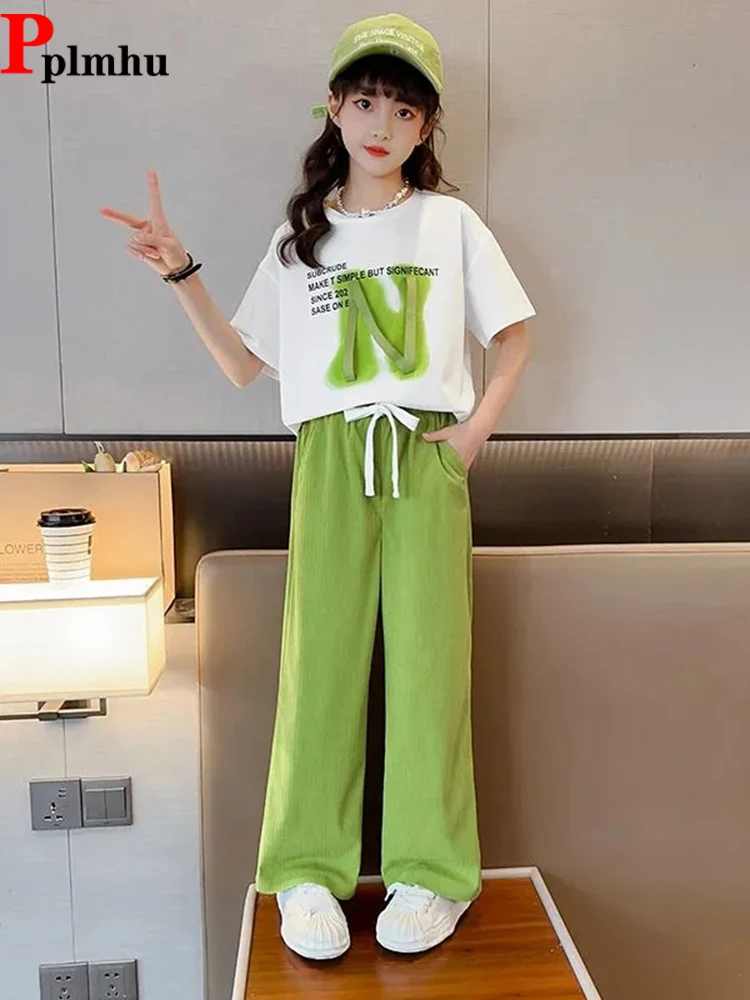 2024 New Summer 2 Piece Sets Short Sleeve Print T-shirts And Kids Lace Up Baggy Sweatpants Outfit Loose Fashion Girls Conjuntos