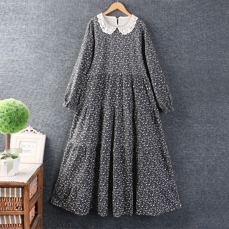 Autumn New Sweet Hook Flower lapel Floral Print Dress Women Long Sleeve Loose Midi Dress Z2393