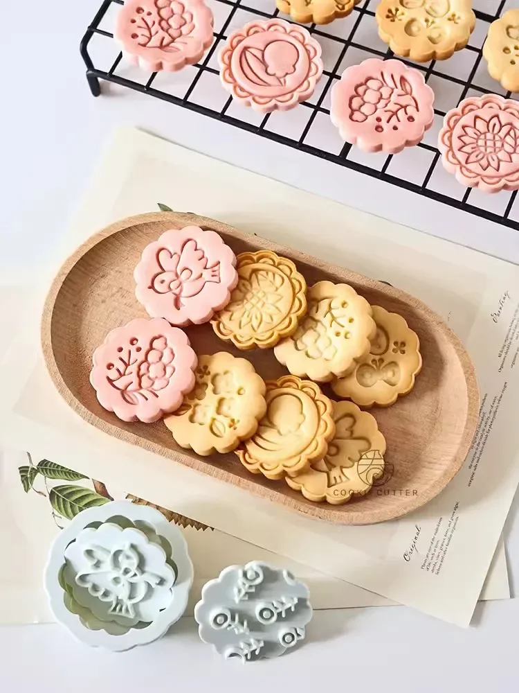 7Pcs/Set Lily Flower Leaf Bird Pattern Cookie Cutter Korean Style Round Shape Biscuit Stamp Homemade DIY Cookie Press Mold  Tool