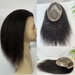 12in Long Kinky Straight Human Hair Toupee for Men, Mono Lace, PU Around, Swiss Lace Front, 10x8