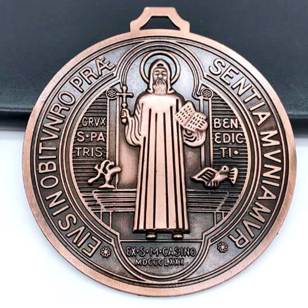 Extra Large Saint Benito Medal 5 Inch Zinc Alloy Saint Benedict Round Prize Home Decor Pendant Vintage Brass