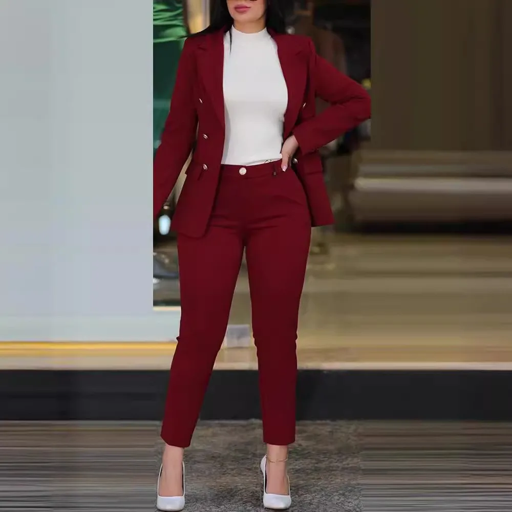 Elegant Women's Tailoring Set Blazer Long Sleeve Blazers And Trousers Set High Waist Suit Jacket Notched Lapel Sport Coat Wine