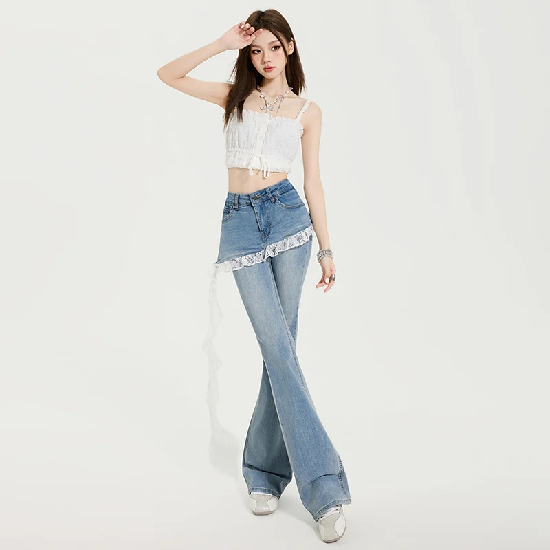 

Women Korean Slim Design Lace Patchwork Harajuku Y2K Denim Flare Pants 2000s Kpop Bell-Bottom Long Trousers Gyaru Abi Jean New