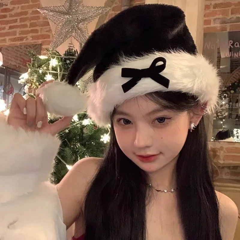 

Plush Christmas Hats Women Sweet Bowknot Decoration Winter Thicken Warm Cap New Year Party Red Peaked Cap Festival Cap Gifts