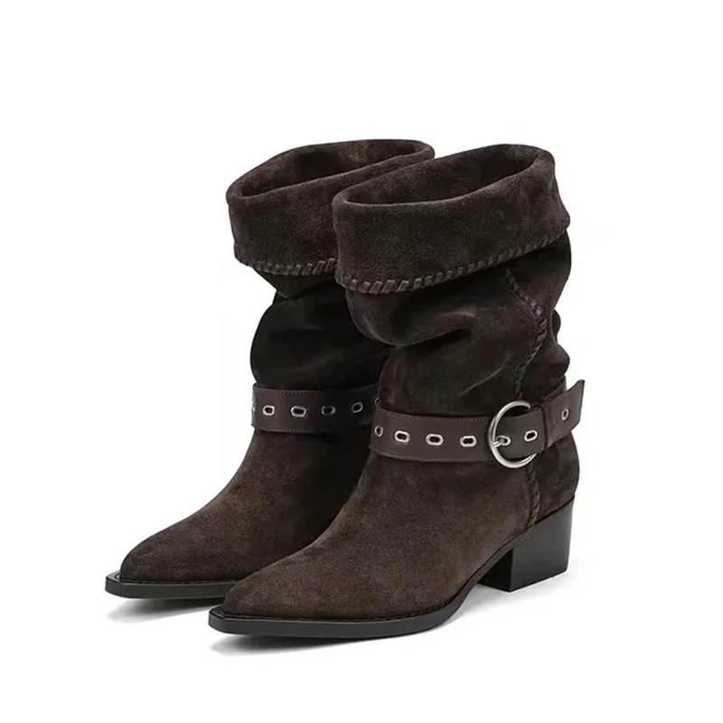 

Retro Knight Short Boots Buckle Fold Western Stacked Women's Boots Ladies Luxury Designer Boots Handmade Female Shoes