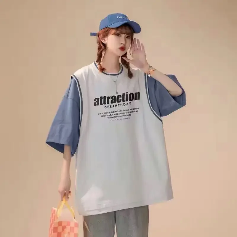 DAYIFUNブルーボールスーツフェイクツーピースTシャツ女性半袖Tシャツ韓国原宿スタイルトップスルーズBfスタイル夏新品