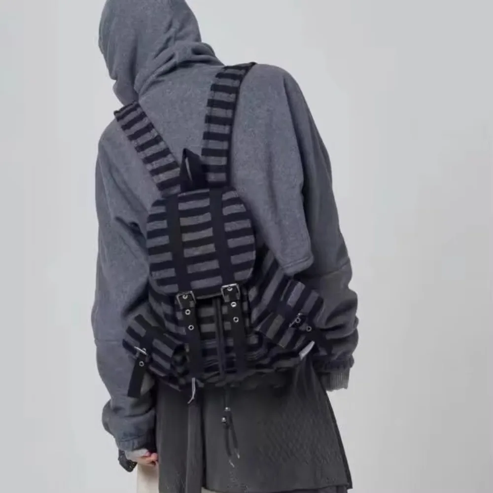 High Quality Korean Style Backpacks Drawstring Design Large Capacity Casual Bookbags Soft Flat Stripe Tote Bags