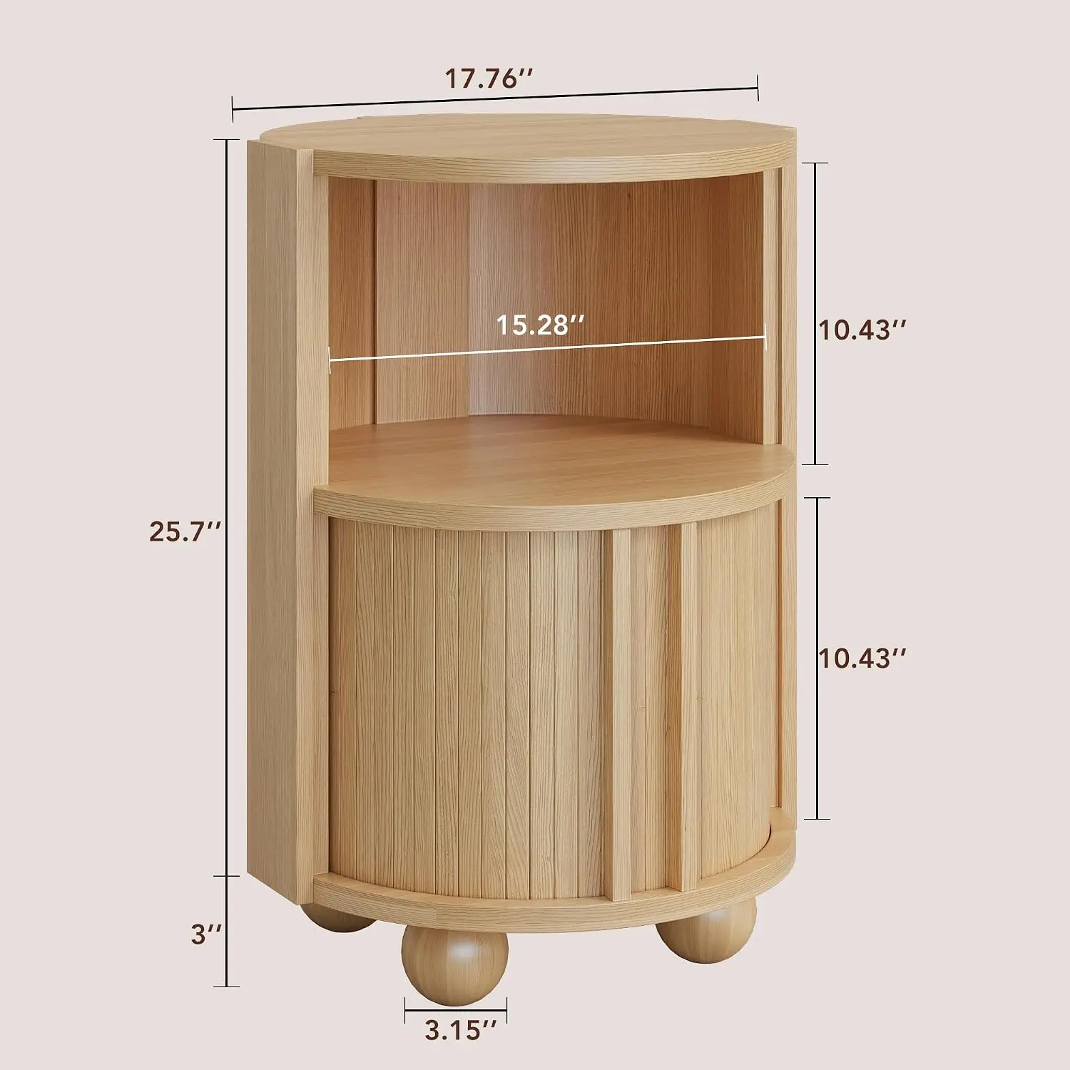 Modern Oak Round Bedside End Table with Sliding Doors and Two Storage Shelves, Nightstand for Bedroom Use
