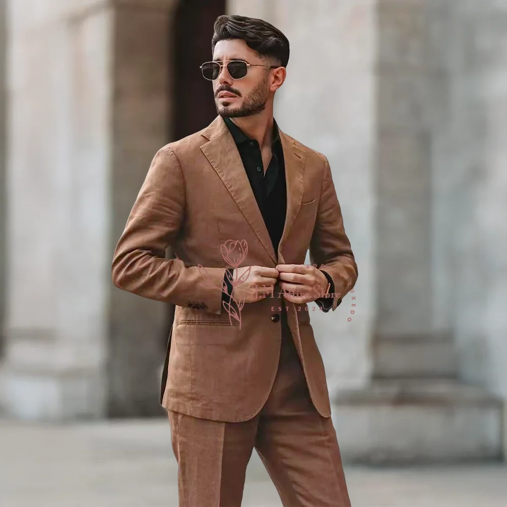 

Коричневые мужские костюмы, комплект из двух предметов, куртка, брюки, повседневный льняной облегающий костюм на заказ для повседневного офиса, свадьбы, пасхального выпускного вечера