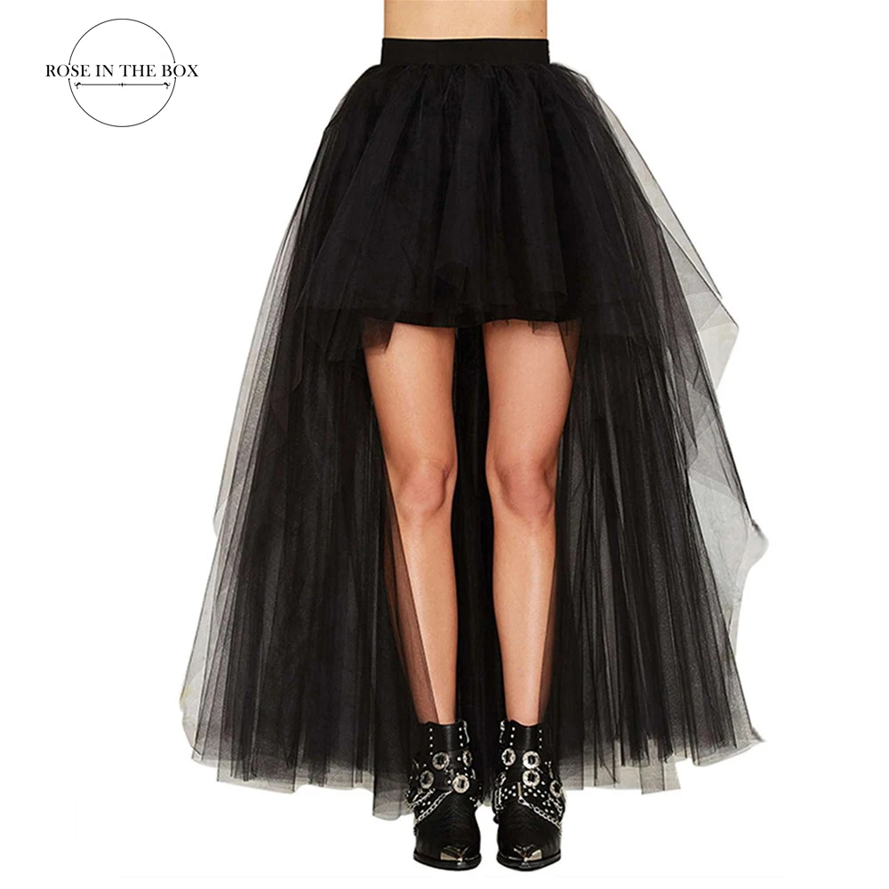 Women's Hi-Lo Long Tulle Skirt Four Layer Puffy Petticoat Black Tutu Skirt Dance Ballet Skirt Sexy Jupon For Party