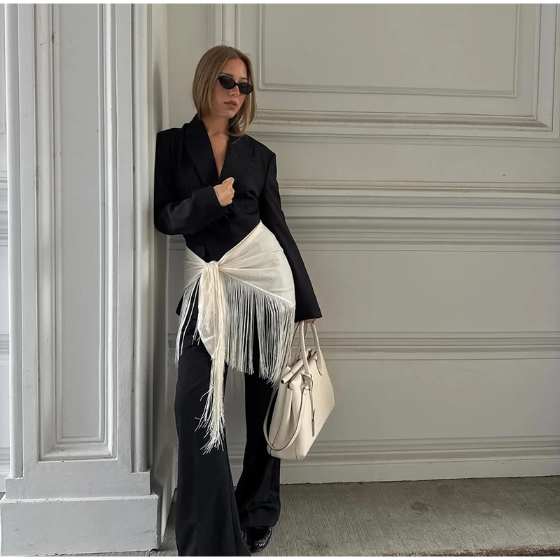 Beige Fringe Wrap Skirt Solid Tie Waist Boho Style Elegant Women Fashion All-match Mini Skirts Party Chic Casual Vacation Outfit