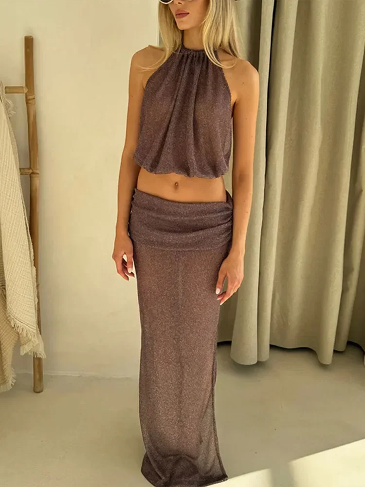 

Women Skirts Suit Sexy See through Sleeveless Backless Halter Tank Top High Waist Hip Package Pleated Skirt Sets Lady Outfits