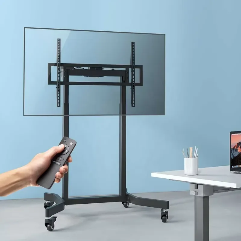 Electric Height Adjustable TV Stand Mobile Floor Cart with Wheels Remote Control Heavy Duty Rolling Base for Large Screens up