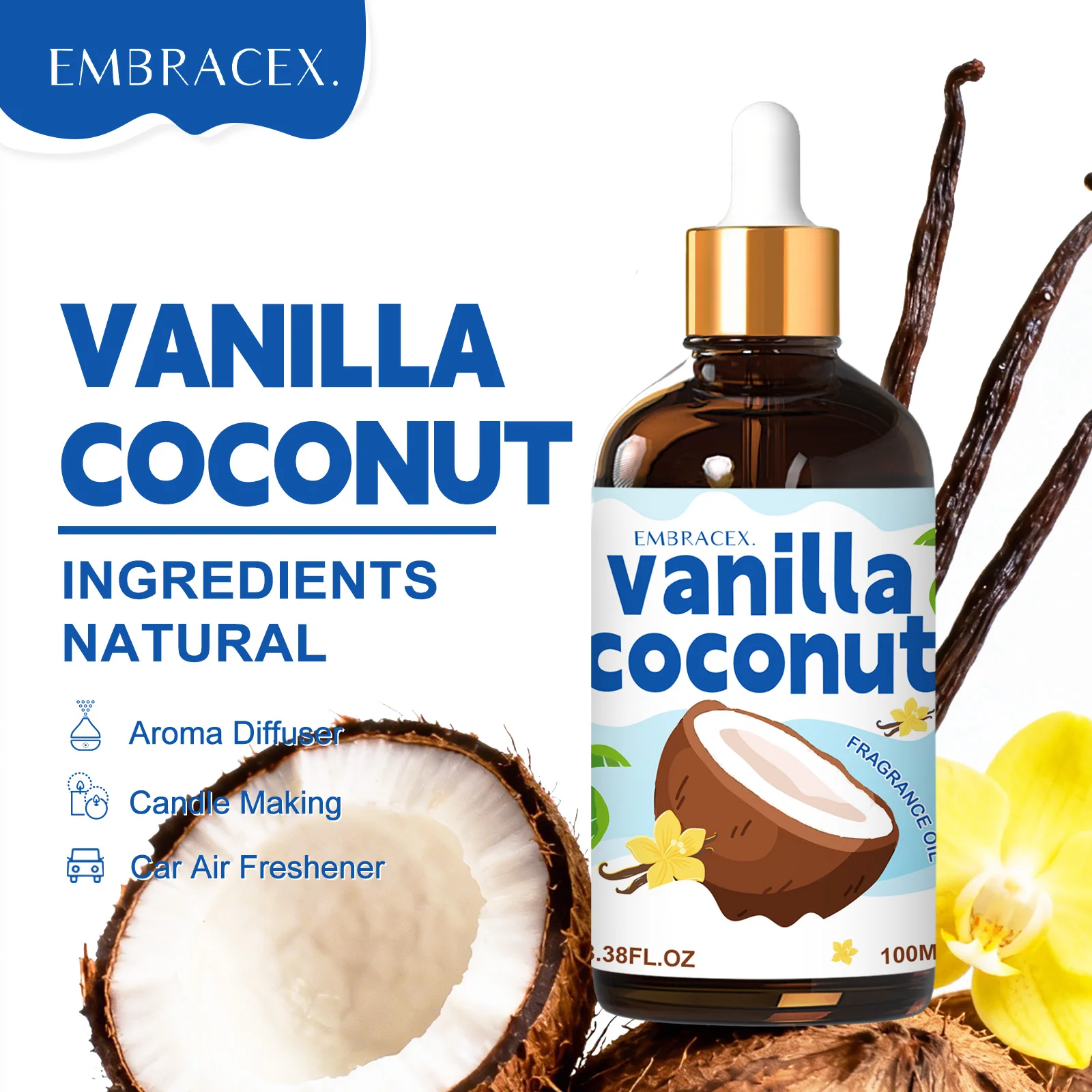 

100ml Vanilla Coconut Essential Oil Massage Oil Skincare Diffusers Candles Making Gift To Friends Sweet Scent Aromatherapy