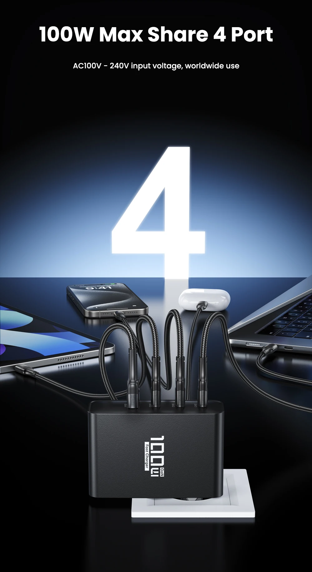 ASOMETECH 100 W USB-Ladegerät GaN-Ladegerät für MacBook Laptop Schnellladung für Samsung Xiaomi USB Typ C PD-Aufladung für iPhone 15 14 – Detail 5