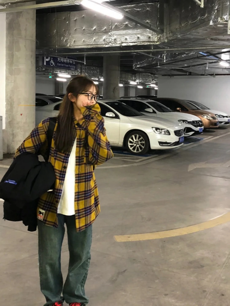 

Retro American Yellow Plaid Shirt Jacket Women's Loose Lazy Style Casual Versatile Women's Outerwear Spring New Arrival
