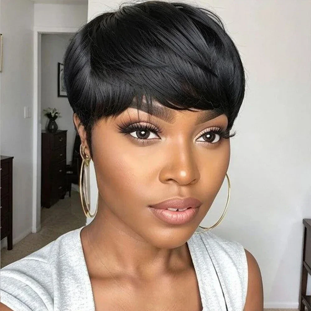 Short Bob Pixie Cut Wigs Raw Indian Short Straight Black Bob Pixie Cut Wavy Non Lace Front Human Hair Wig With Bangs For Women