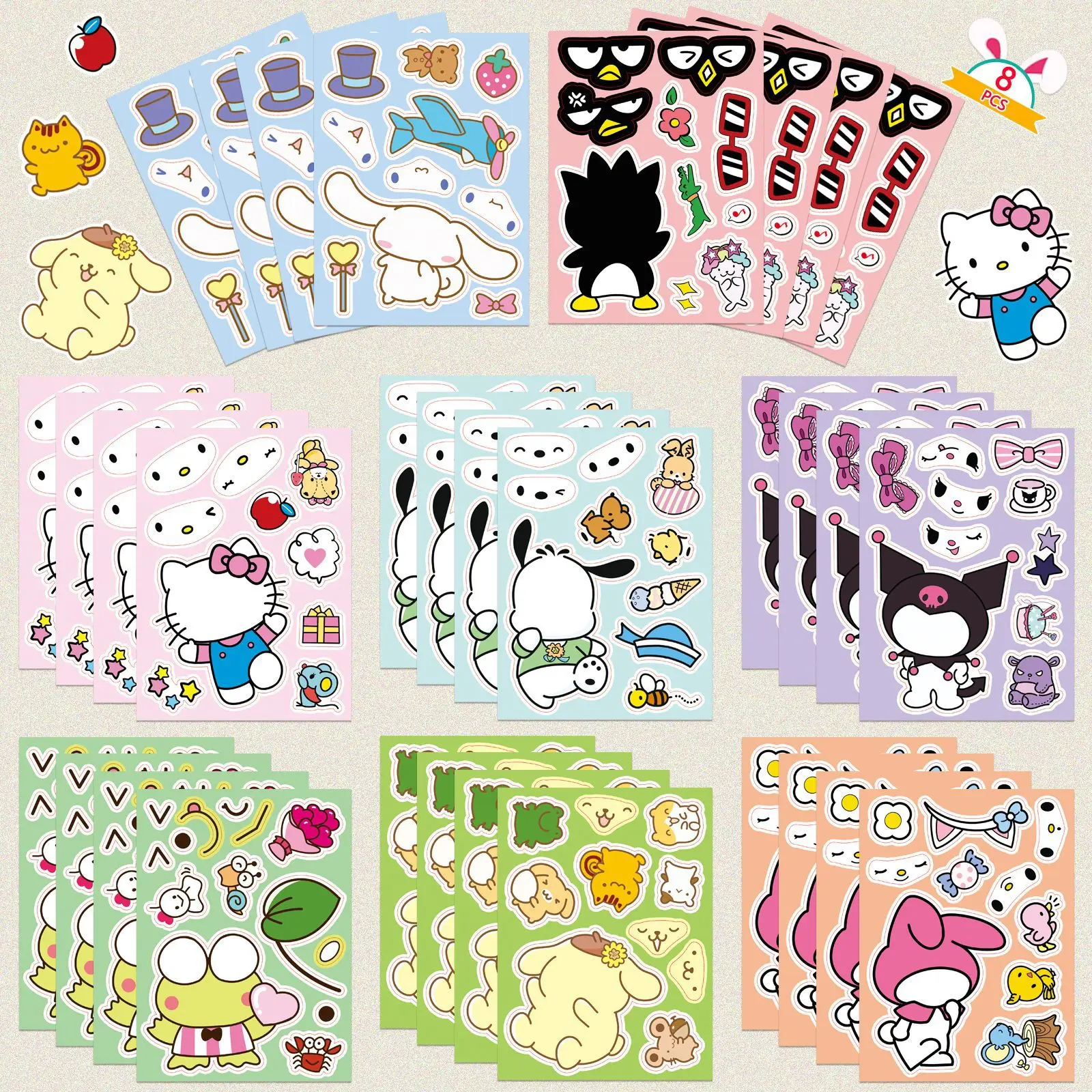 8/16Sheets Cute Sanrio Anime Puzzle Stickers Kuromi Kitty DIY Chase Make-a-Face Assemble Cartoon Jigsaw Funny Children Gift Toy