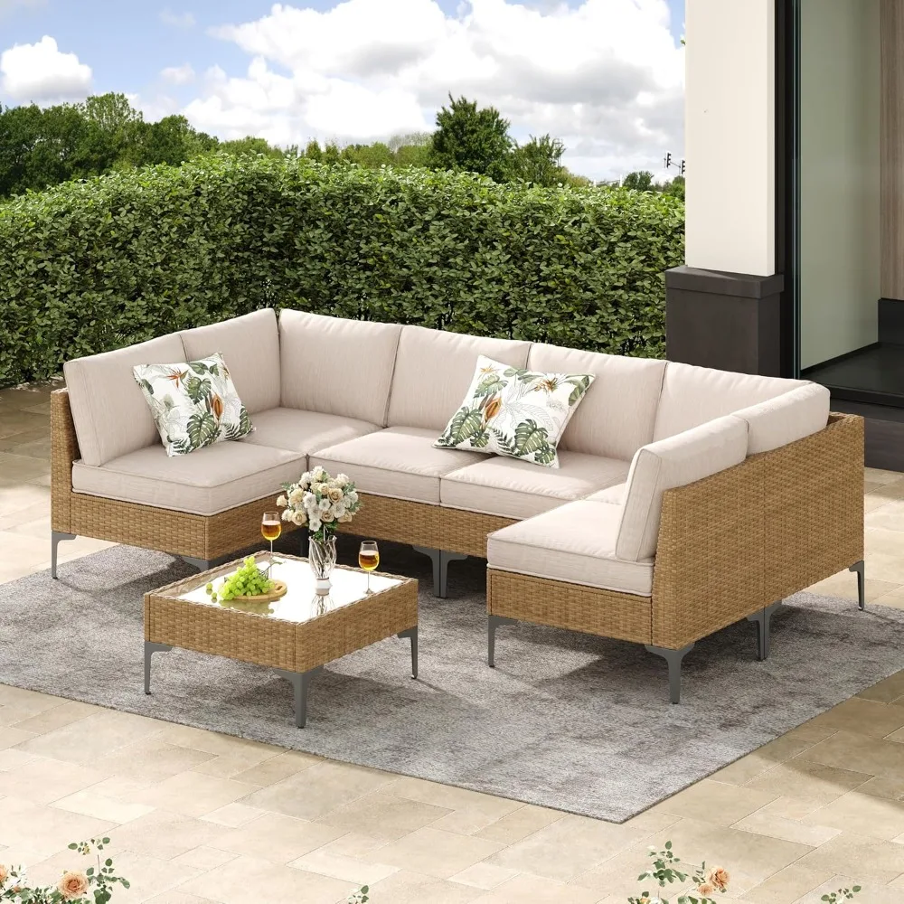 

Jing's Villa 7-Piece Outdoor Patio Furniture Set,Rattan Conversation Sectional Sofa w/Coffee Table, All-Weather Patio Conversati