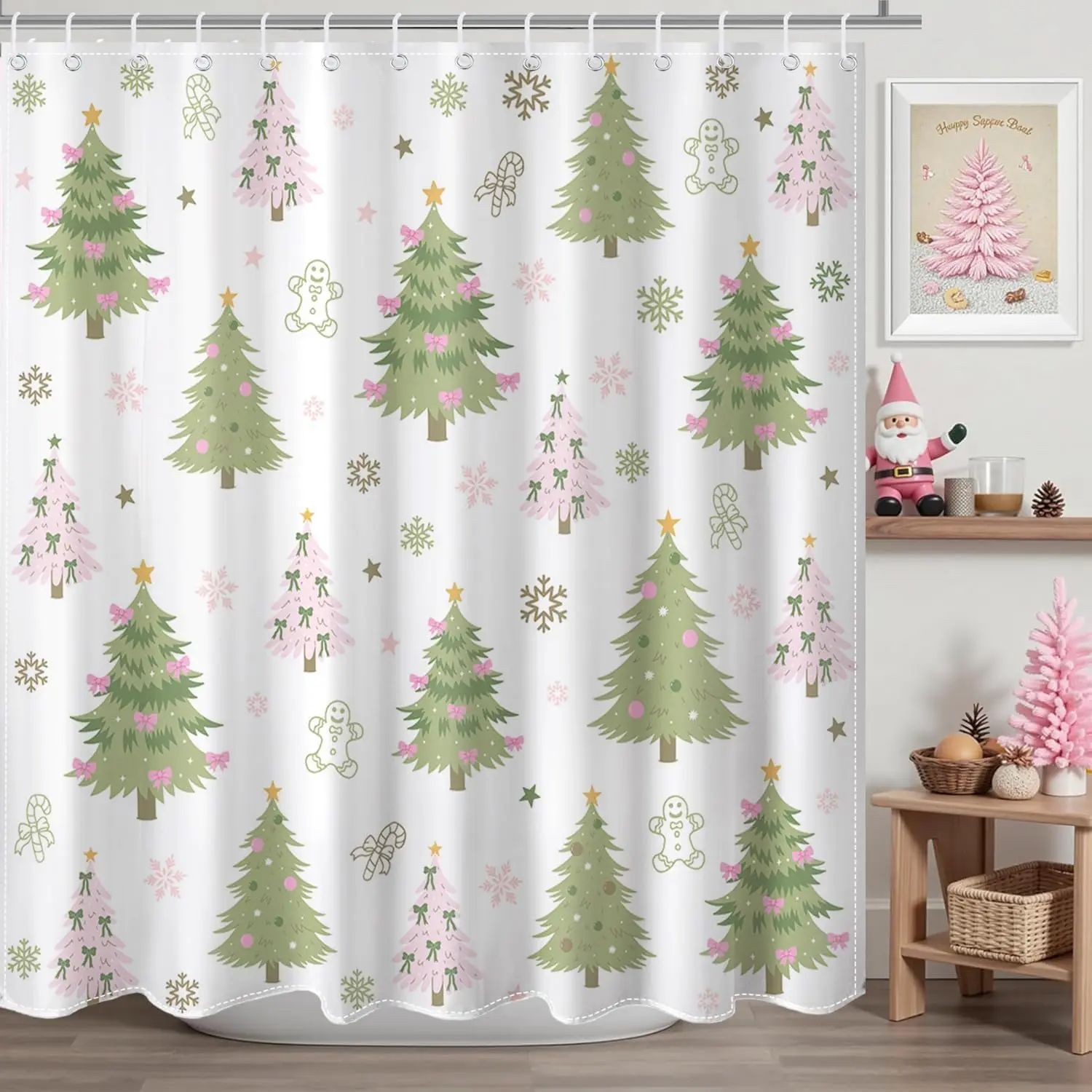 Christmas Shower Curtain Cute Green Xmas Tree Bow Shower Curtain with 12 Hooks Waterproof Xmas Tree Stars Snowflake Bath Curtain