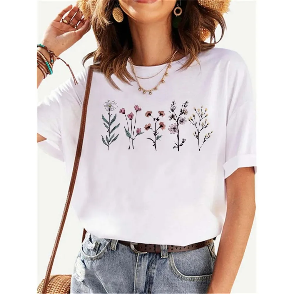 Drôle imprimé fleuri femmes T-shirt été décontracté à manches courtes haut col rond pour femme fleur vêtements hauts t-shirts Y2K Streetwear