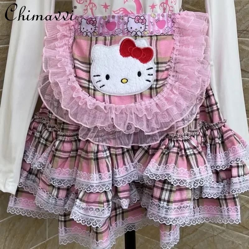 Subculture Gothic Sexy Girl's Half Lace Up Lace Stitching Long Sleeve Tops Mini Skirt Two-Piece Set Autumn Japanese Skirt Sets