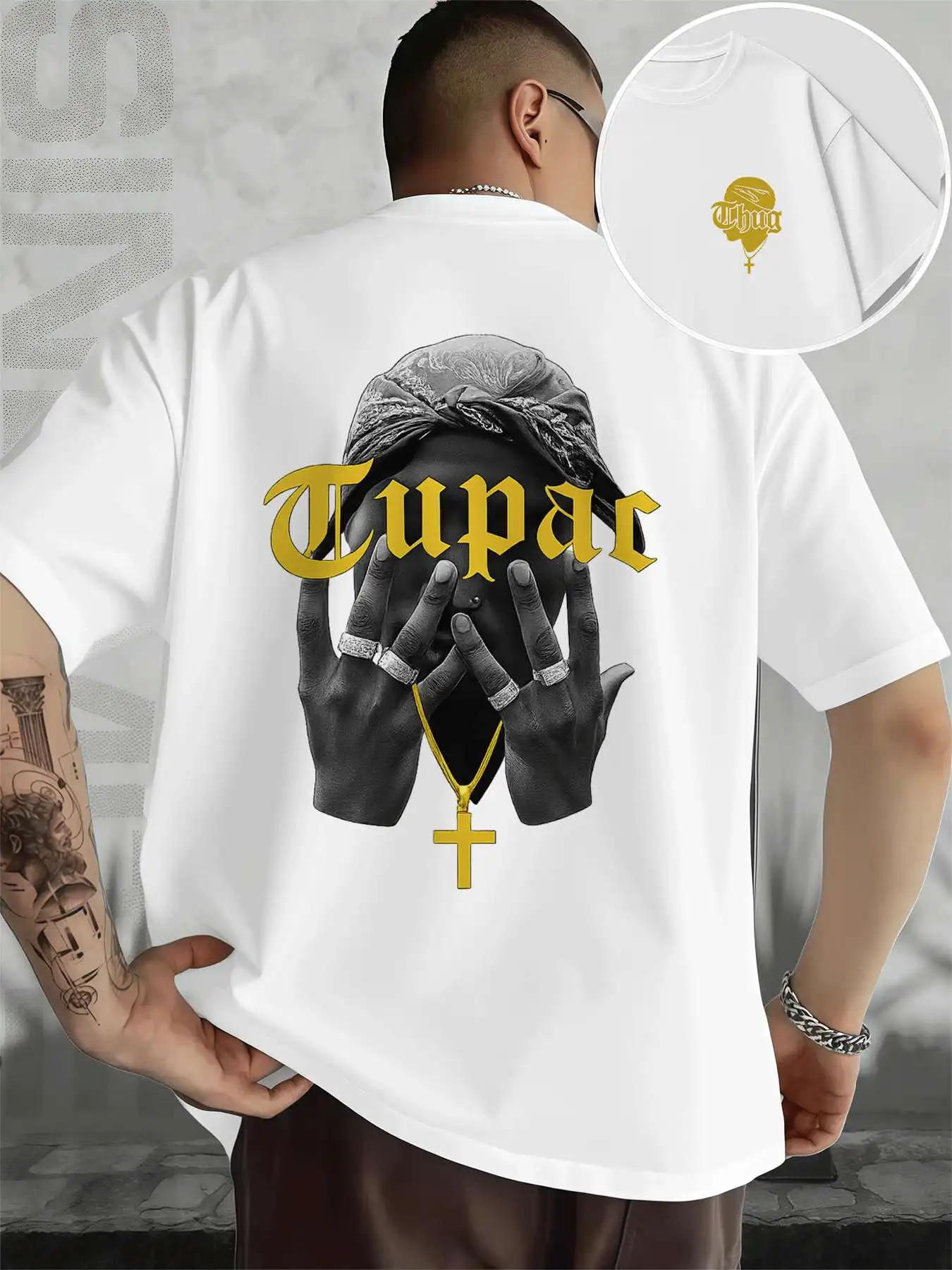 

Мужская футболка в стиле хип-хоп Tupac с двусторонним принтом, модная повседневная футболка с круглым вырезом, 220 г/м2, из чистого хлопка
