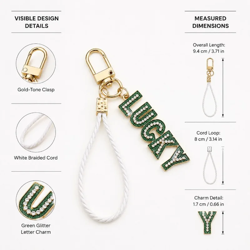 Rhinestone Lucky Letter Keychain White Braided Wrist Strap Elegant Bag Charm Pendant for Women Daily Handbag Decoration Gift