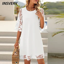 Vestidos Elegantes de verano para mujer, cuello redondo, Media manga, Patchwork de encaje, Mini vestido informal, vestido de vacaciones de playa, blanco
