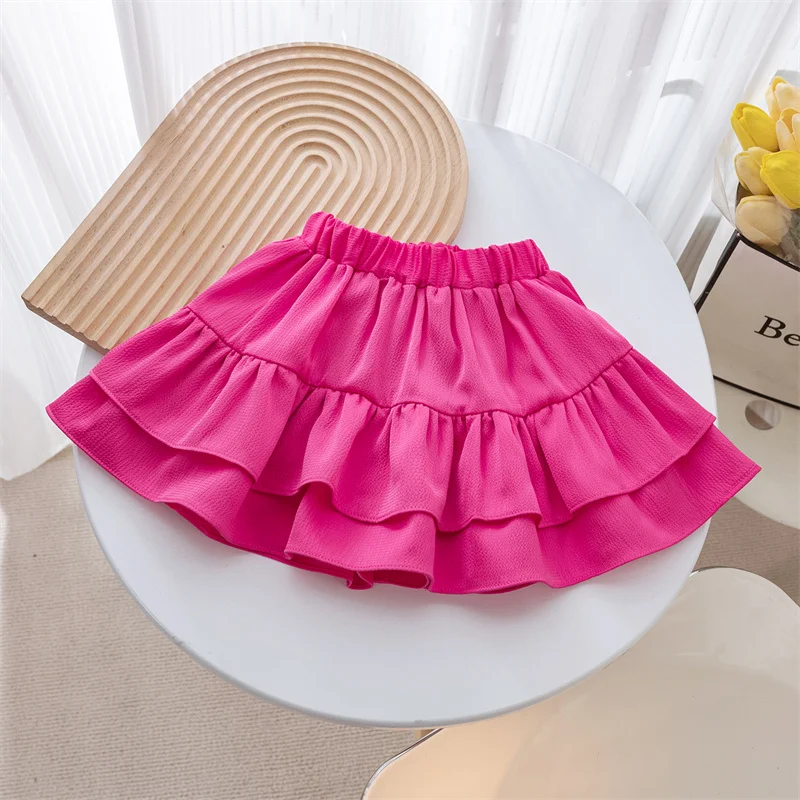 Girls\' Sweet Skirts Set Summer Stripe Turn Down Collar Short Sleeve T-shirt Top + Fashion Cake Skirt Pants Two Piece Suit