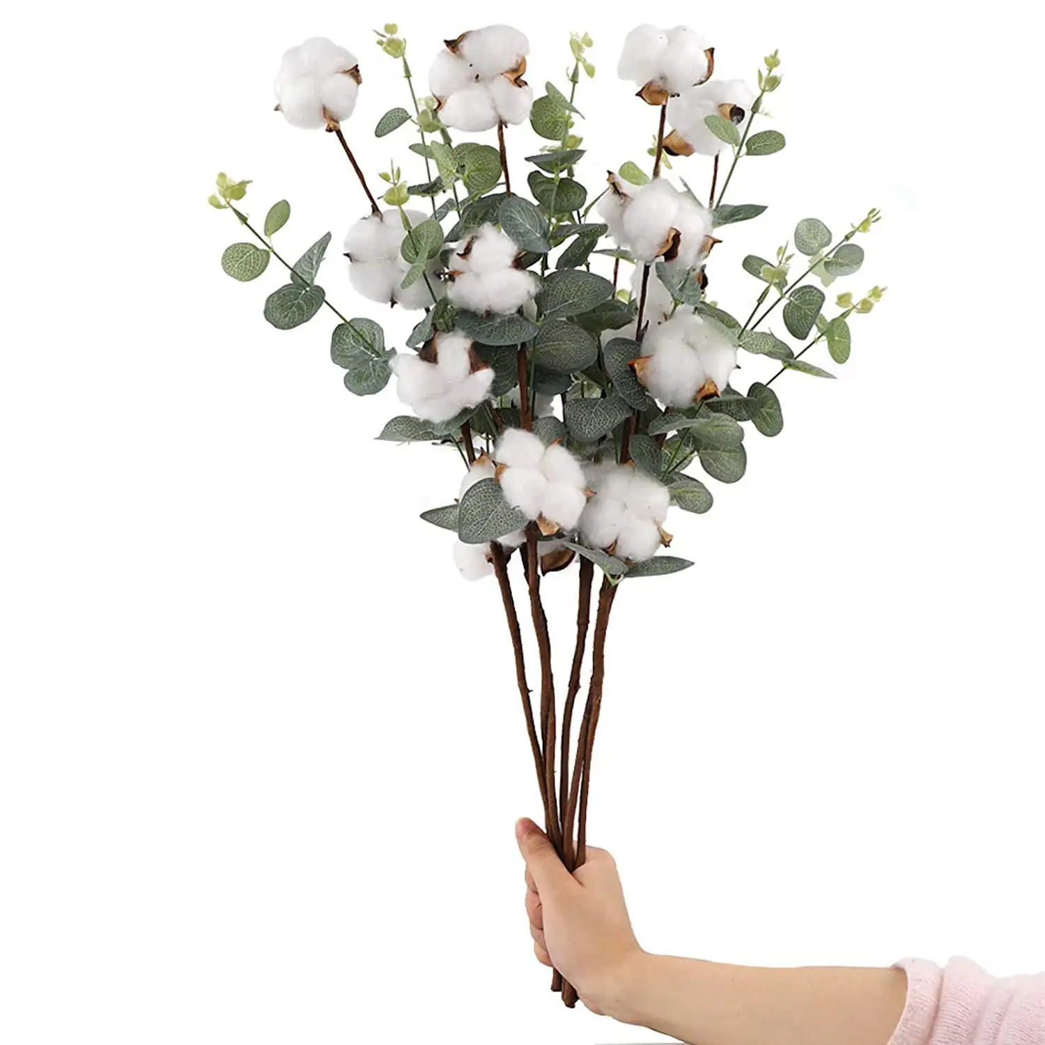 60cm Cotton Stems 1PC Cotton Flower Head with Eucalyptu Leaves Stem Cotton Floral Stem for Home Wedding Centerpiece Floral Decor