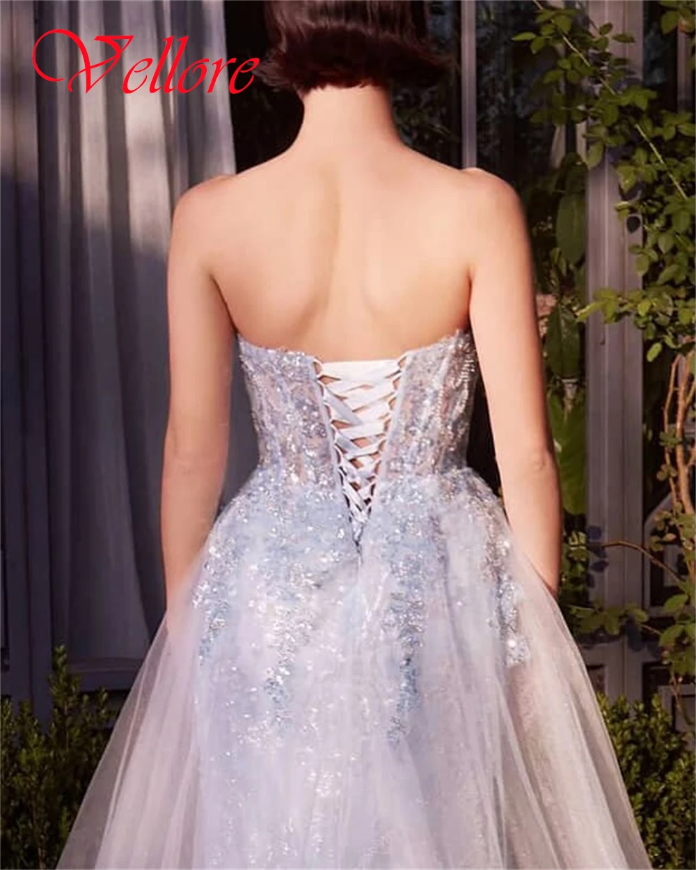 Customized Exquisite silver Organza Evening Dress Delicate Strapless Sleeveless Homecoming Dress Fashion Lace Up Back Prom Dress