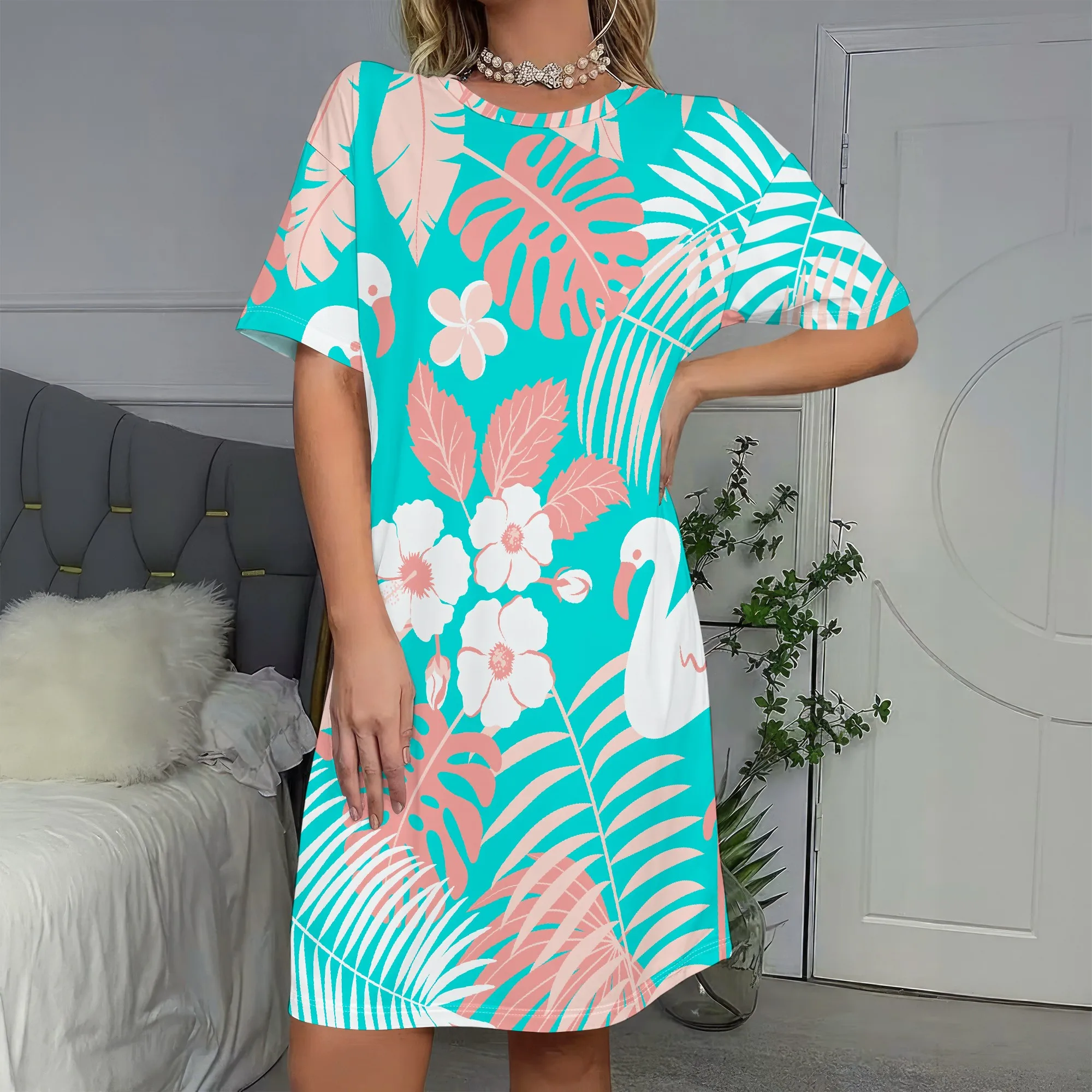 Tropical Print, Summer Dress, Flamingo Pattern, Beach Wear, Floral Design, Vacation Outfit, Women's Clothing, S-2XL