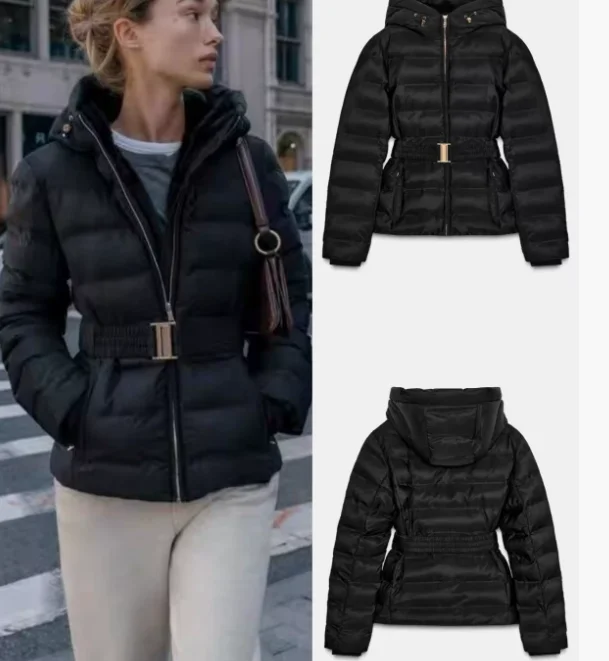 Nueva Chaqueta gruesa de algodón impermeable a prueba de viento con capucha ajustada abrigo corto de invierno para mujer cintura elástica
