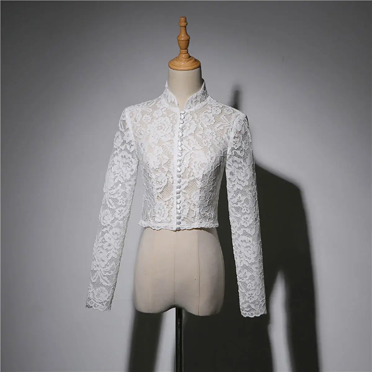 Long Sleeve Button Women Wrap Jacket Sheer Appliques High Neck  Lace Bridal Cloak Formal Wedding Accessories