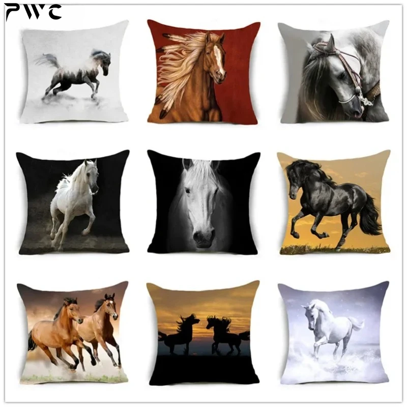 

2023 New Horses Cotton Cushion Cover Steed Animal War Horses Home Decorative Pillow Cover for Sofa Car Nordic Pillowcase Vintage