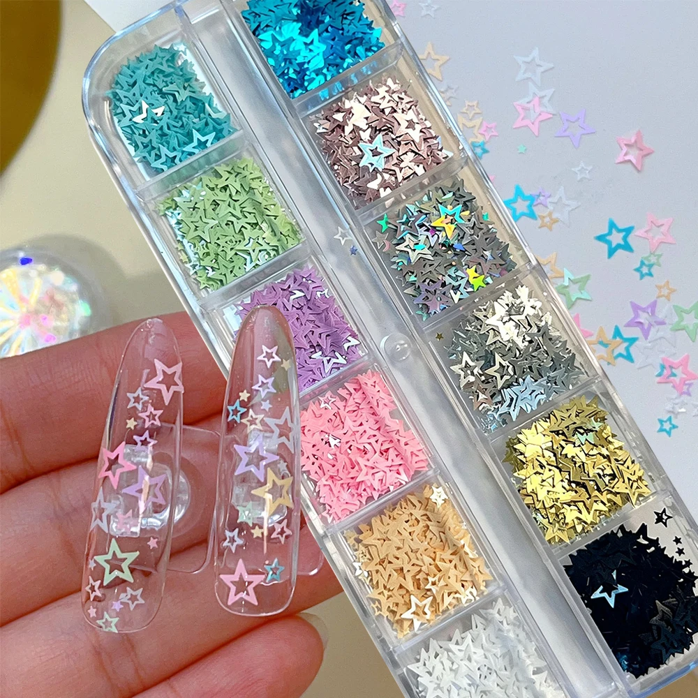 12‑Grids Mini Colorful Star Nail Charms Sequins Laser Sparkly Hollow Five-pointed Star Nail Flakes DIY Manicure Resin Craft Deco