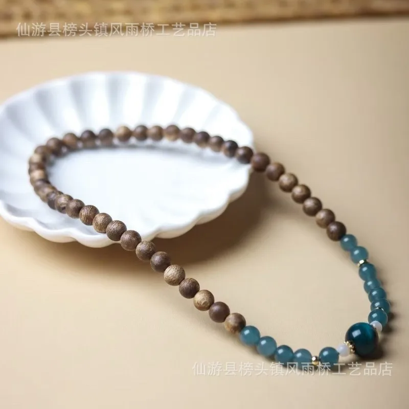Qinan Agarwood Double Circle Bracelet with Blue Ice Jade Beads, New Chinese Style Hand Chain, Lucky Gift