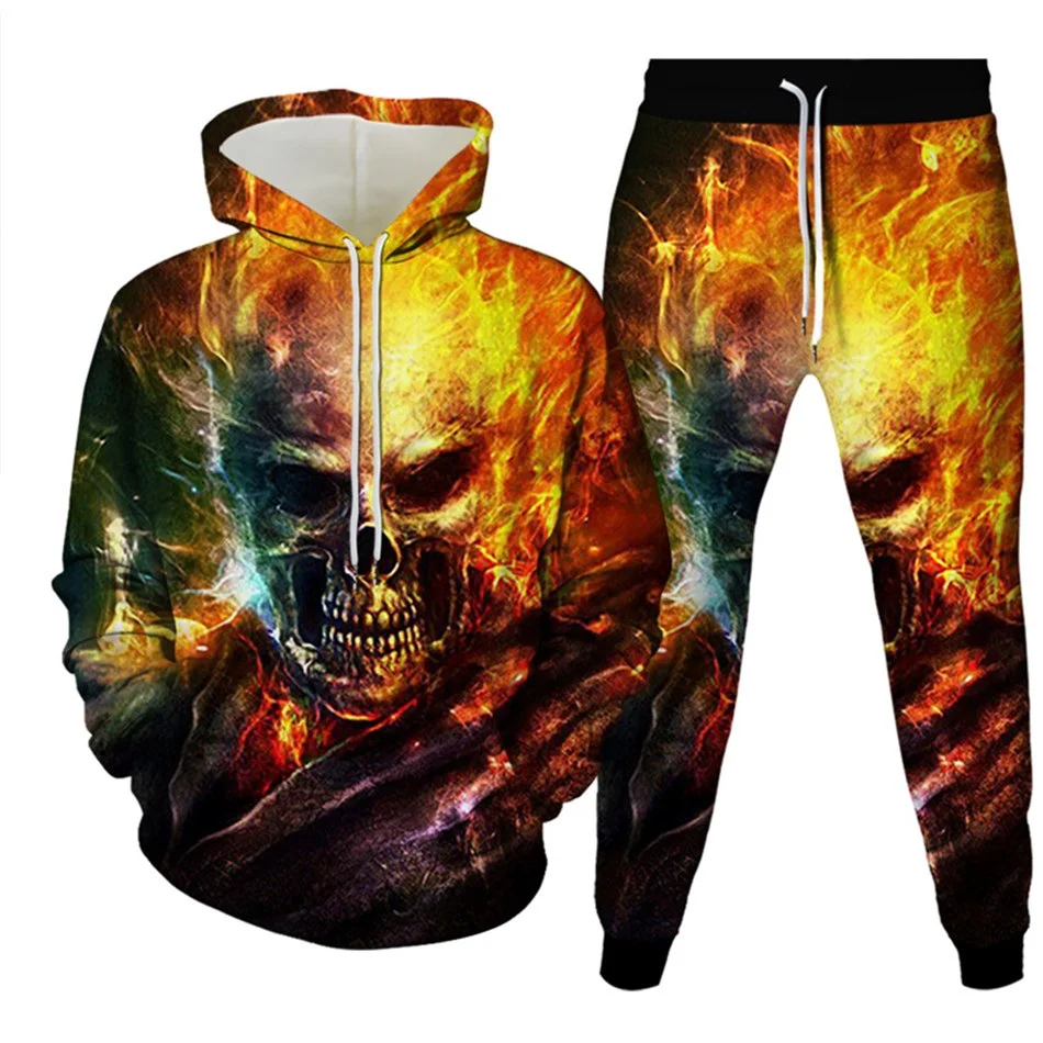 New Men\'s Tracksuit Sets Goth Punk Skull Fire 3D Printing Hoodies Pants Suit High Quality Skeletons Pullover Streetwear Oversize