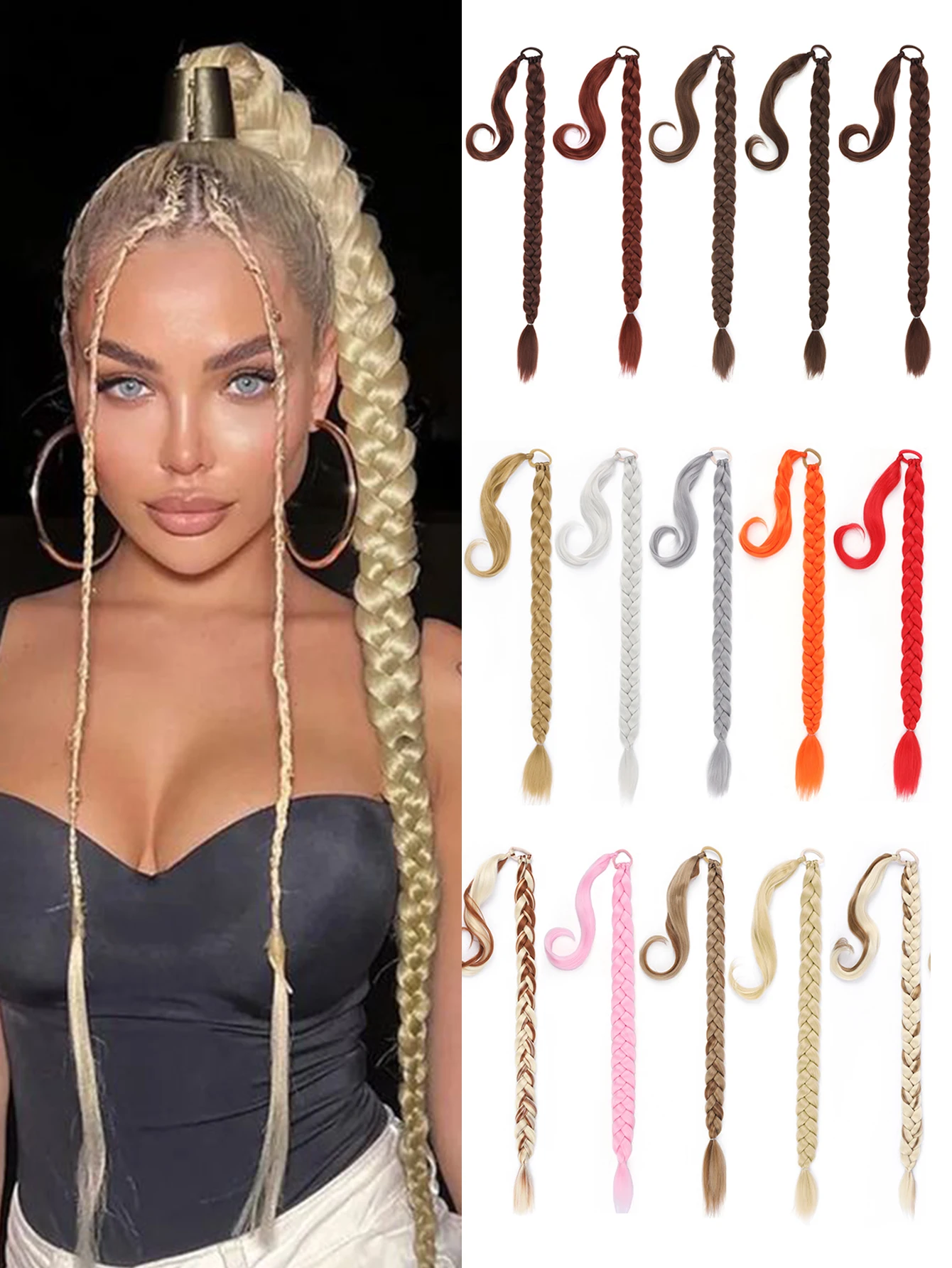 وصلة ذيل حصان طويلة مضفرة يمكنك صنعها بنفسك مع ربطة شعر مستقيمة ملفوفة حول وصلات الشعر على شكل ذيل حصان #1