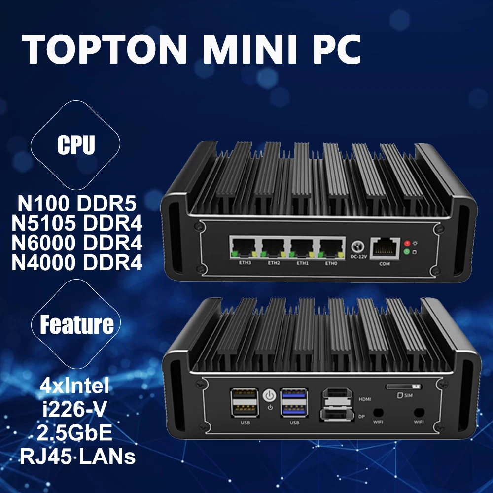 Super richesse 2.5G LAN Pare-feu Mini PC Intel N100 Top Version i226-V Sans Ventilateur Routeur PC Proxmox Explothrone Serveur fouet OPNsense AES-NI