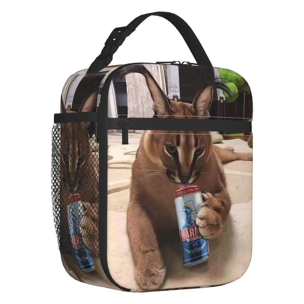 

Funny Floppa Drinking Insulated Lunch Bag for Outdoor Picnic Caracal Cat Portable Cooler Thermal Bento Box Women Children