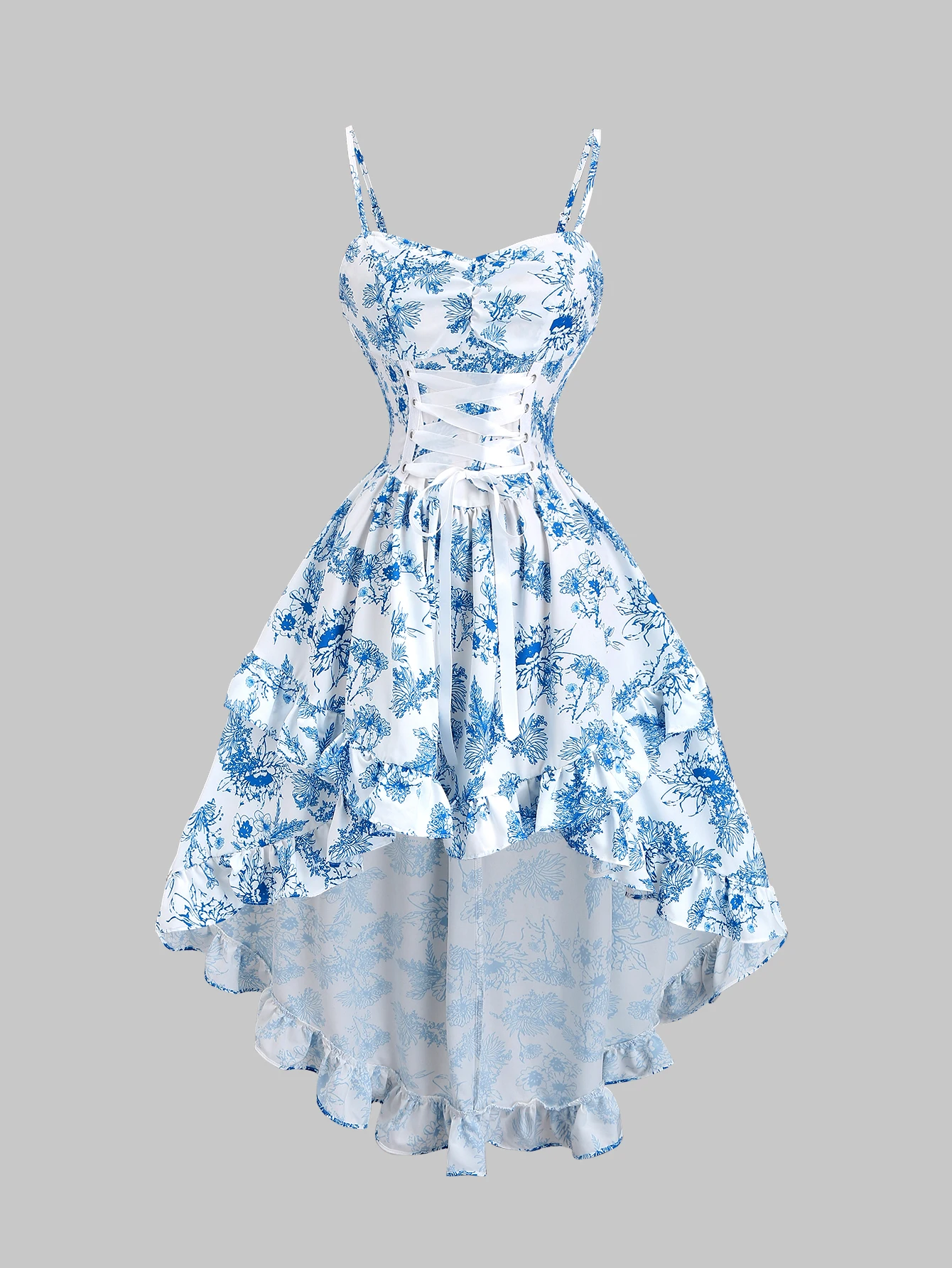 Blue and white floral printed spaghetti strap sweetheart neck high waisted puffy dress