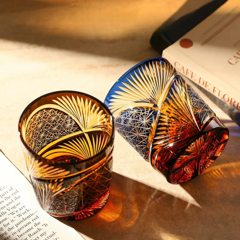 Japanese Style Edo Kiriko Multi-Color Drinking Glass 8 Ounces Amber Crystal Whisky Glass Scotch Glasses Dropshipping