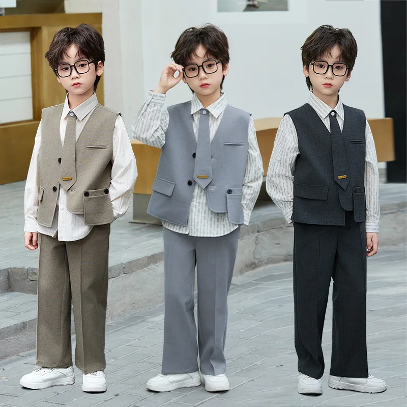 Children's Vest Set Handsome Boys' Host Speech Formal Wear Piano Performance Outfit Flower Boy Wedding Suit