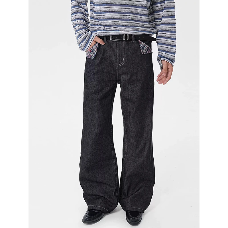 Men American Vintage Denim Red Stitch Raw Black Straight Micro Flare Jeans Slim Fit Fashion Casual Stretch Long Denim Trousers