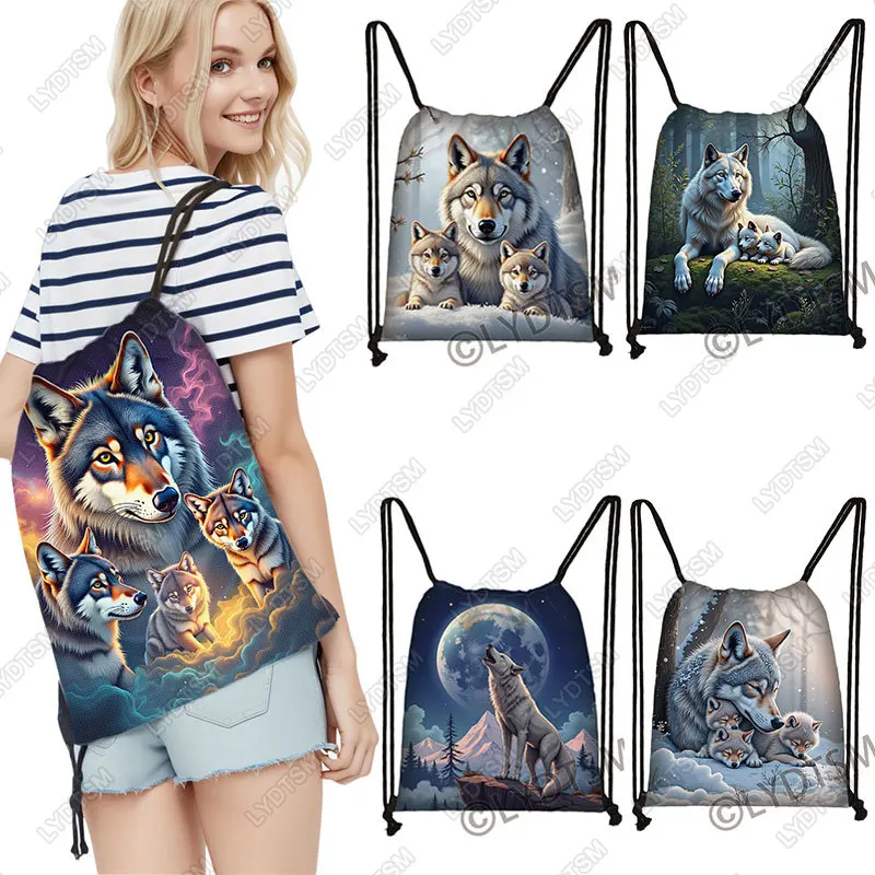 Cool Moon and Howling Wolf Print Drawstring Bag Women Handbags for Travel Shoes Holder Storage Bag Teenager School Bags